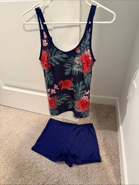 Amazon Navy Floral Tank One-Piece Swimdress with Red Hibiscus